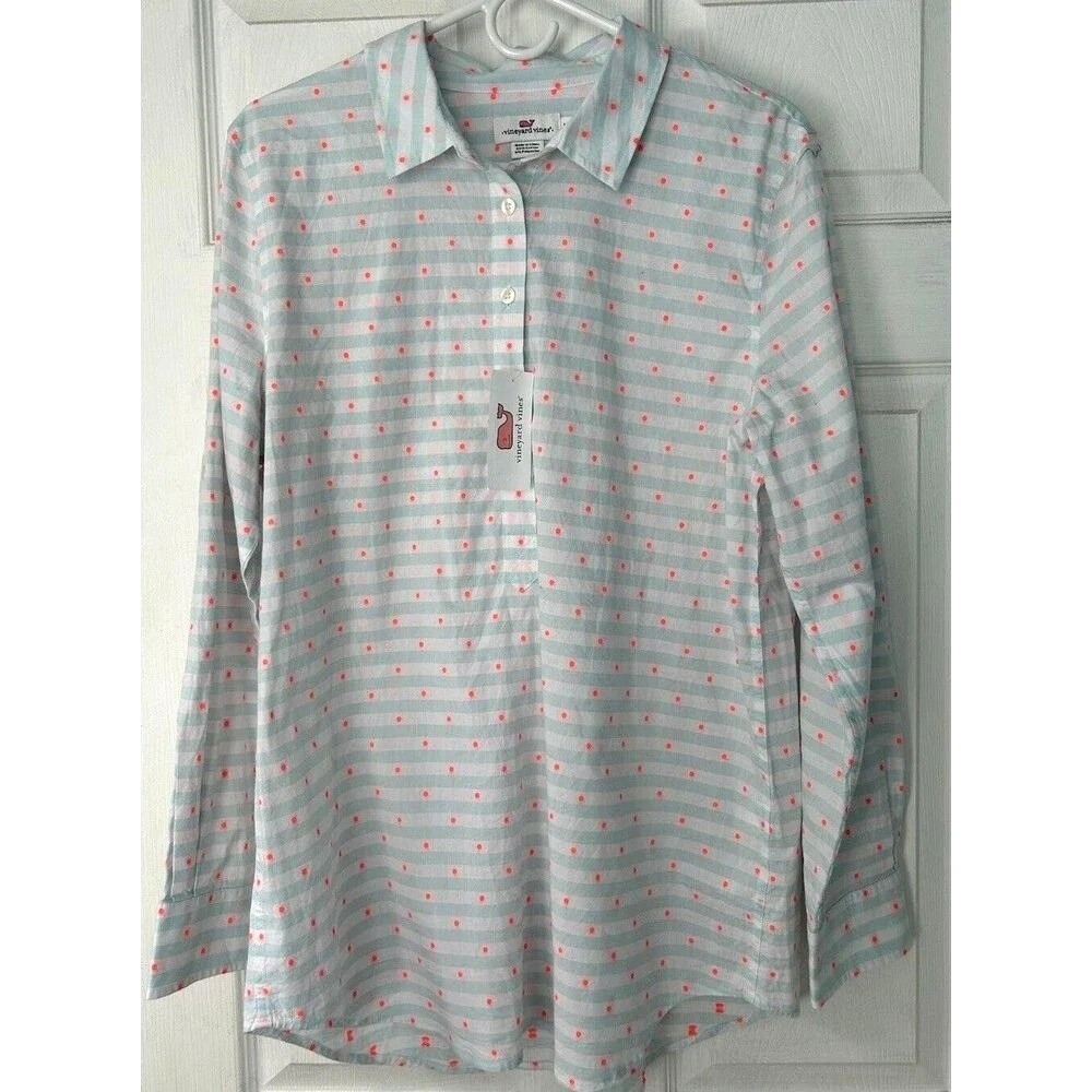 Vineyard Vines Womens 14 Blue White Striped Pink Polka Dot‎ Popover Shirt NEW
